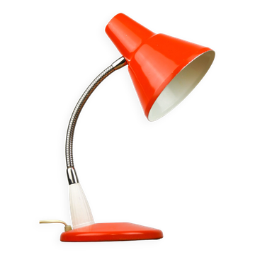Lampe de bureau réglable en métal peint orange et bras spiral chromé, années 1970