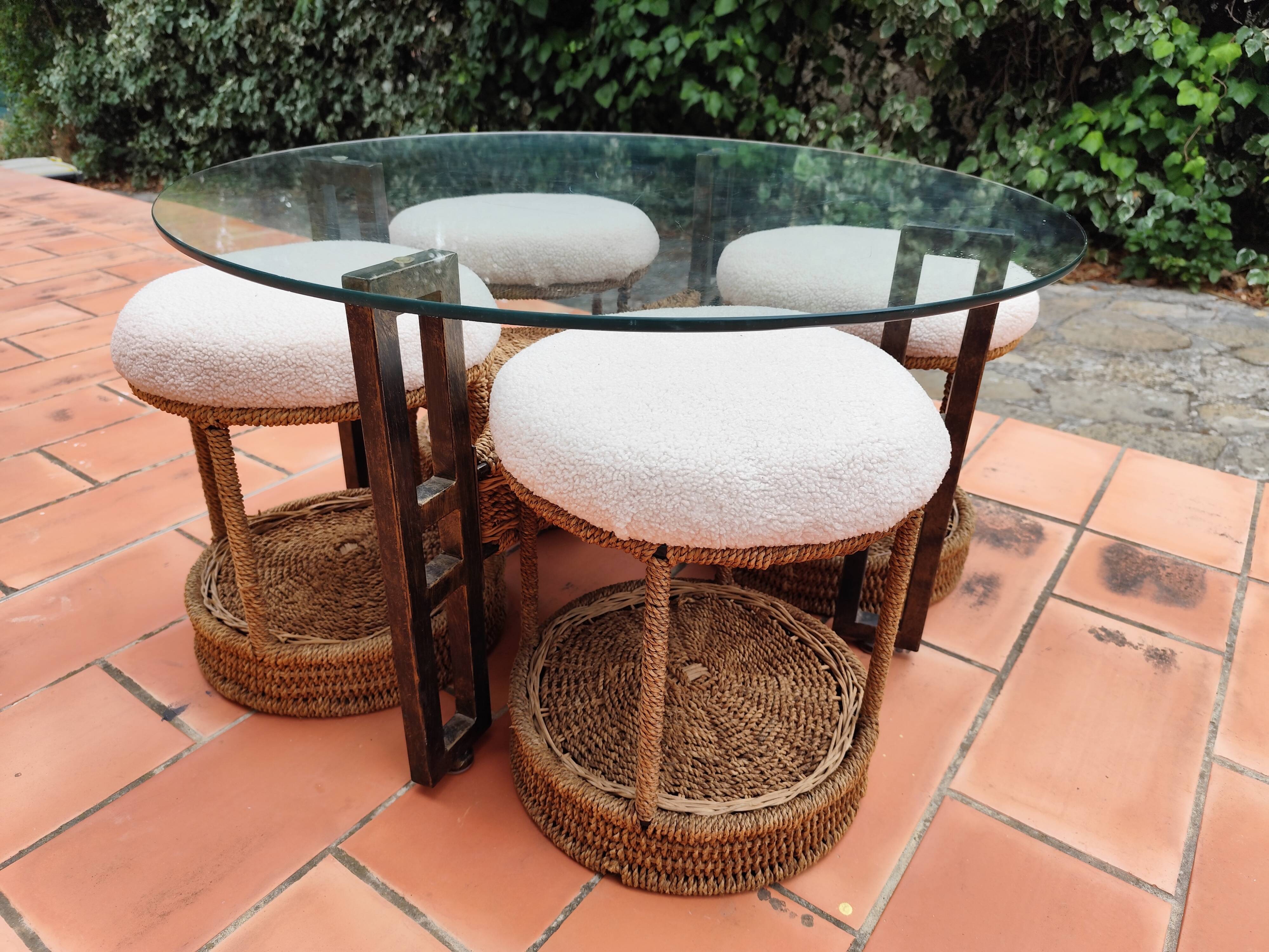 Vintage 1970s rope & rattan coffee table and 4 stools