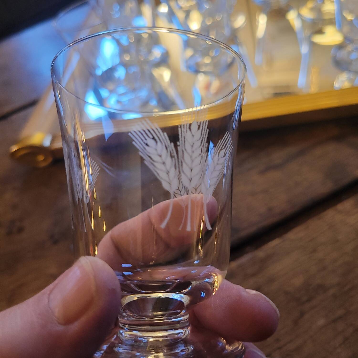 Set of 12 engraved stem glasses with ear of corn pattern from the 60s.