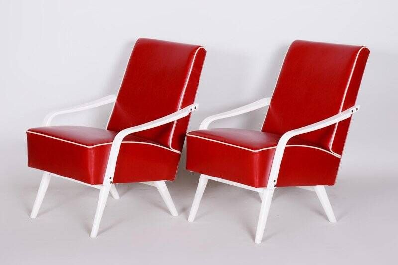 Mid-Century Red Leather and Beech Armchairs, Czechia, 1950s, Set of 2