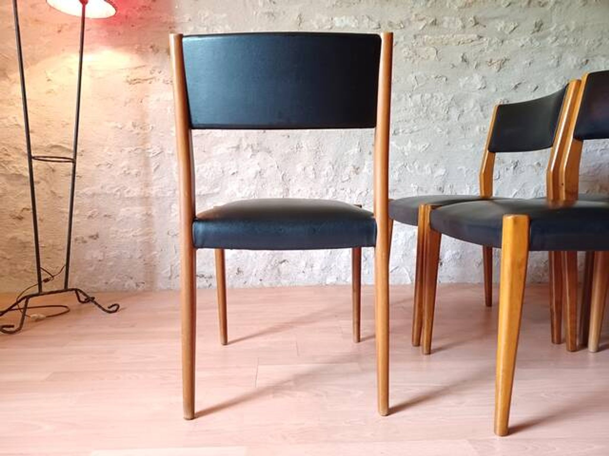 6 chaises scandinave teck et skaï vintage 1960