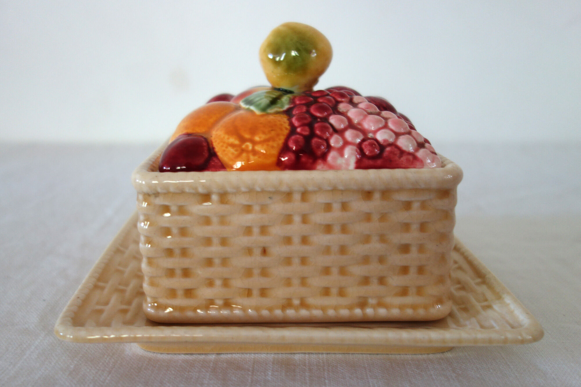 Old sweet jar / fruit basket, square shape, in Sarreguemines ceramic.