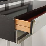 Vintage wooden console table with aluminum mirror, Italy, 1970s, original