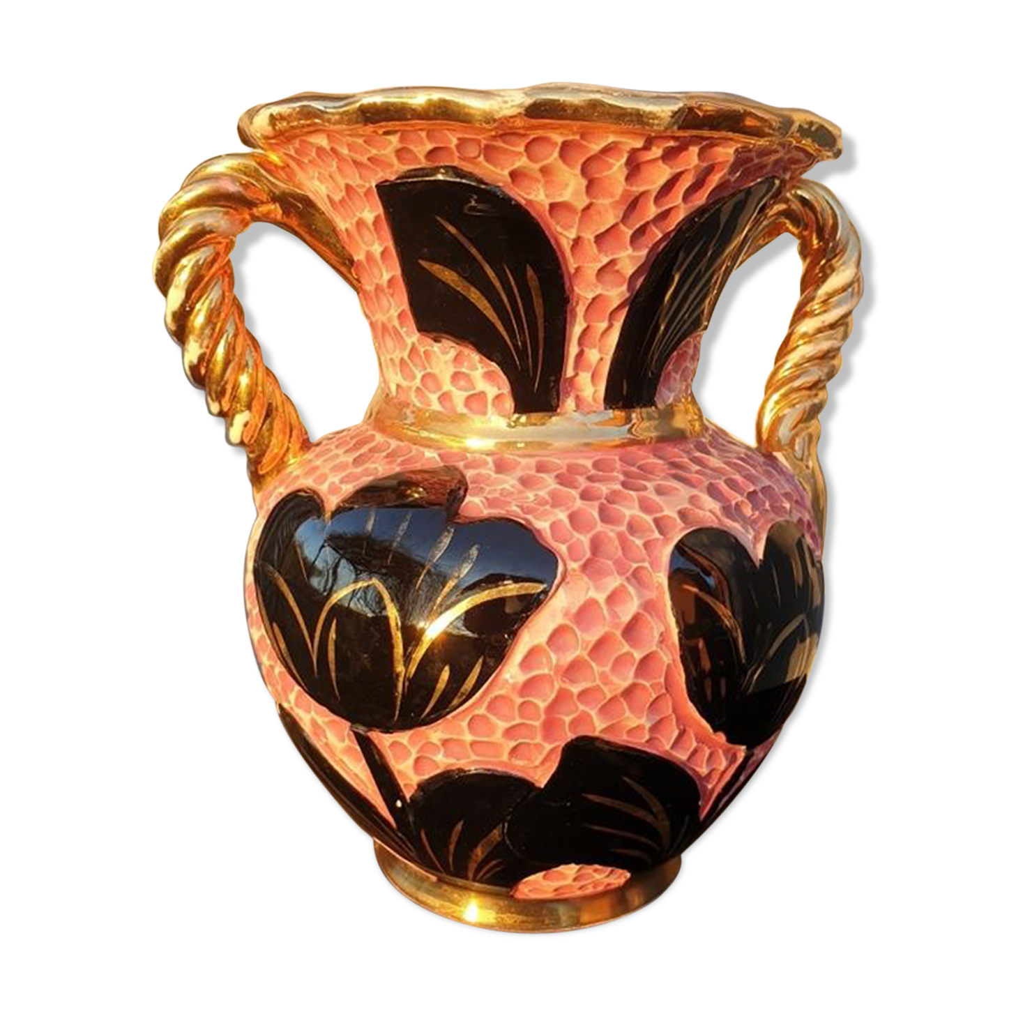 Vase Vallauris 1950 rose noir et jaune