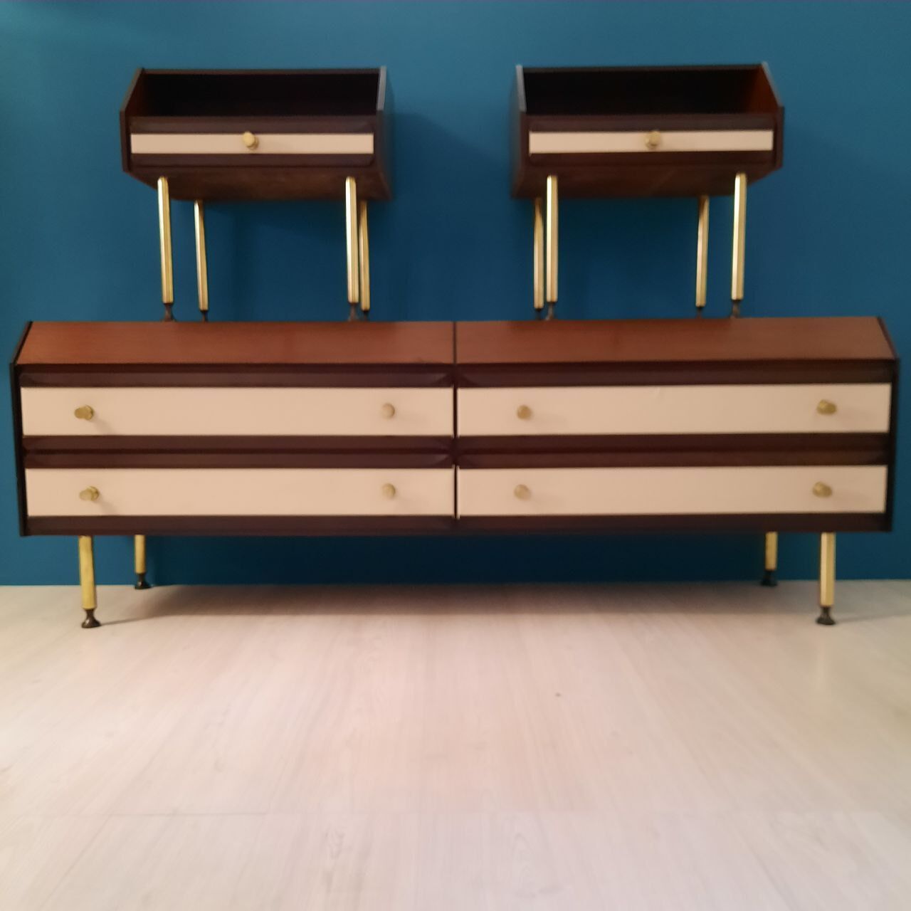 Dresser / chest of drawers and bedside tables - 1960s - faux leather brass