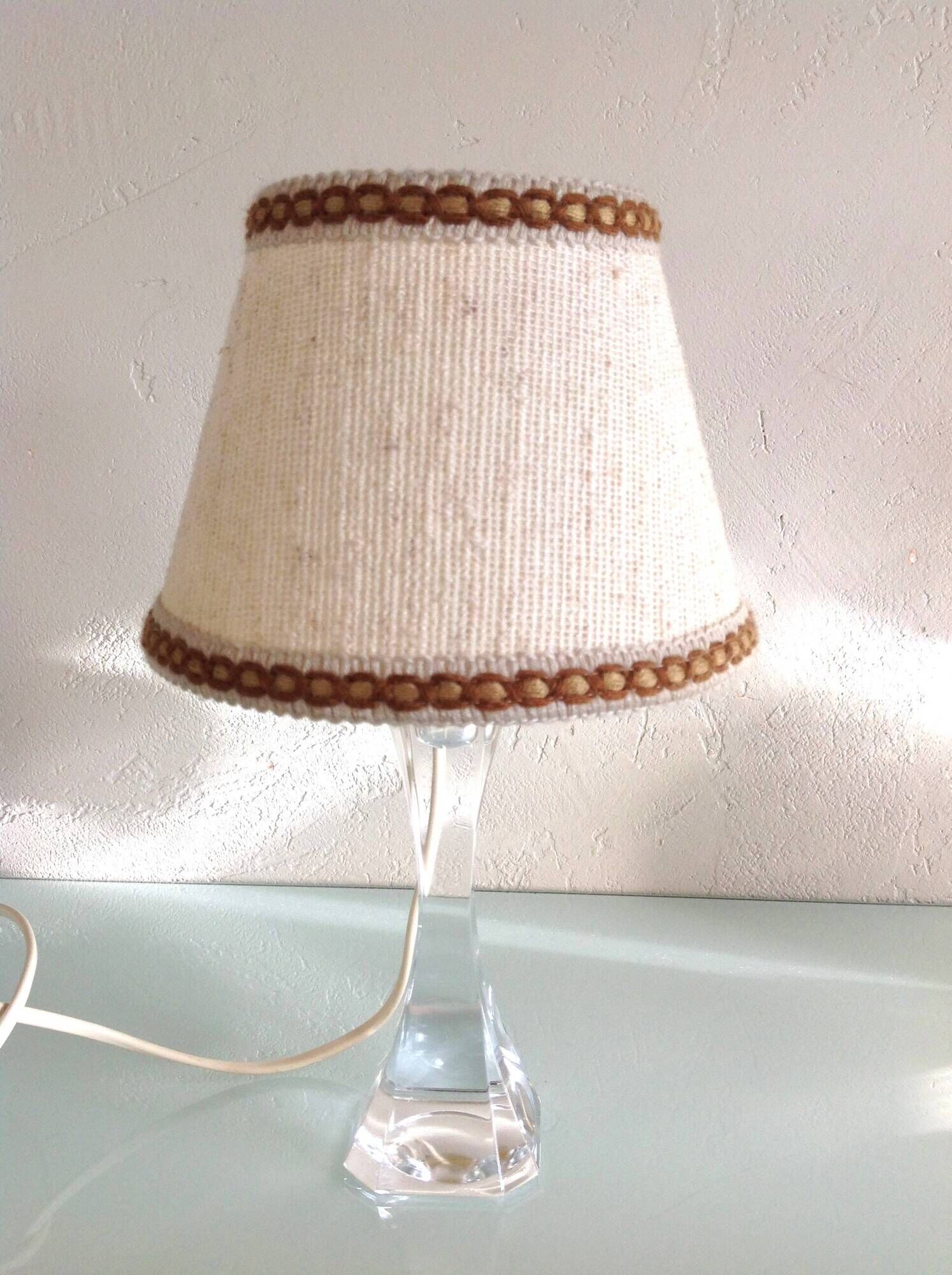 Bedside lamp with glass base and beige fabric lampshade / vintage 60s-70s