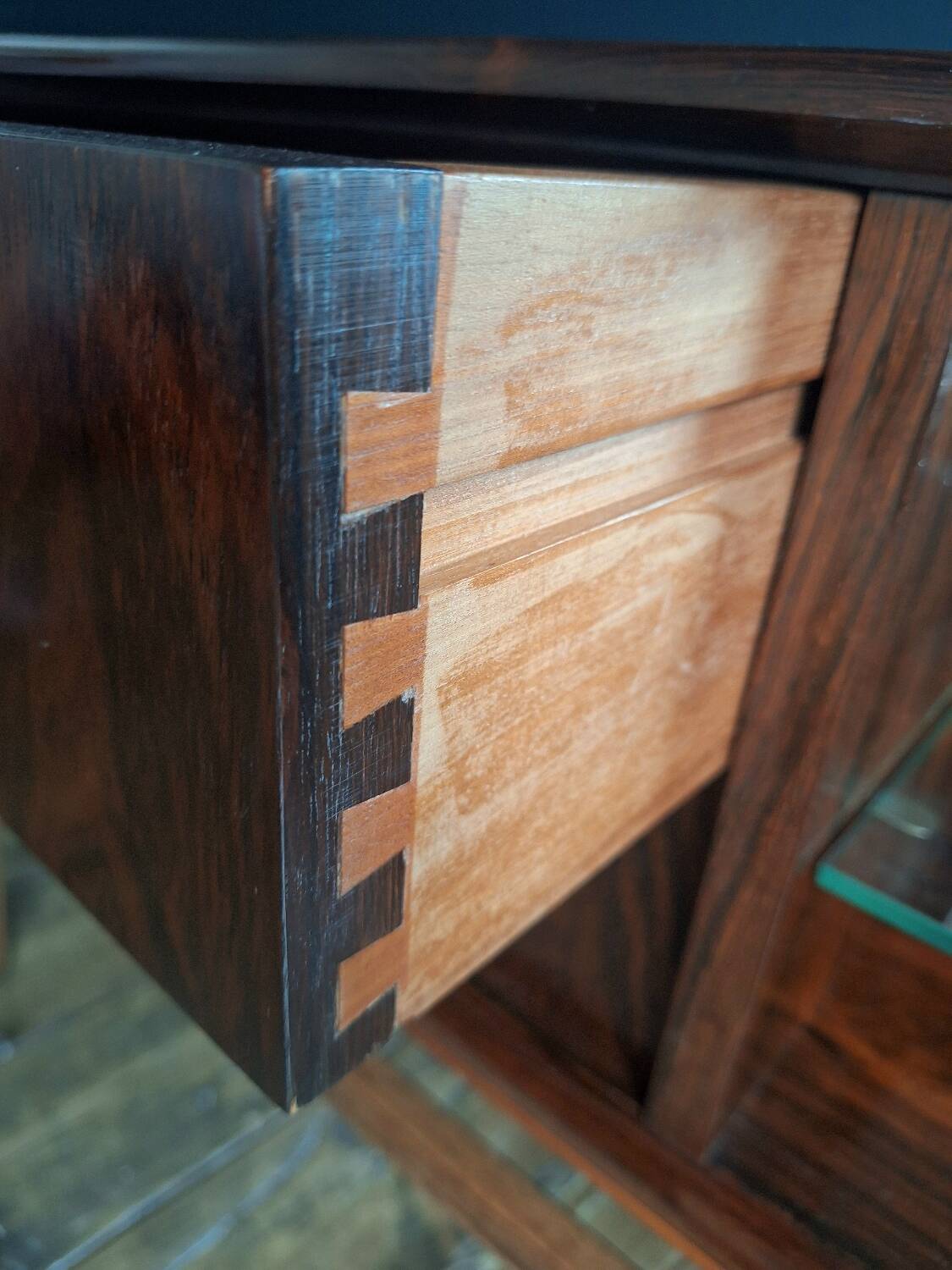 Vintage enfilade in rosewood, antique dressing table, chest of drawers.