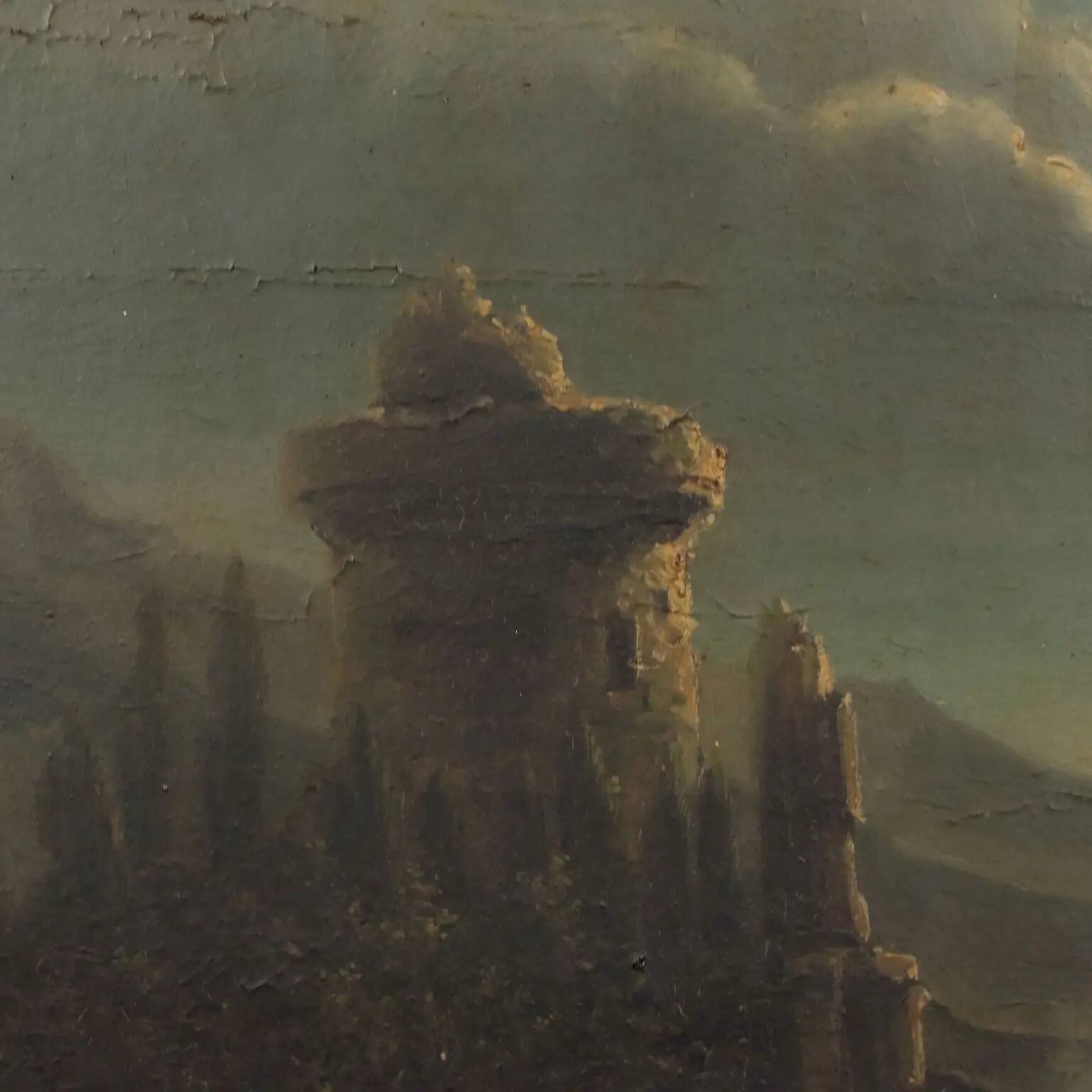 Old painting of a nocturnal landscape in oil on panel from the 19th century.