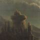 Old painting of a nocturnal landscape in oil on panel from the 19th century.