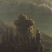 Old painting of a nocturnal landscape in oil on panel from the 19th century.