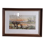 Watercolor signed Thinel, landscape, Marais Poitevin