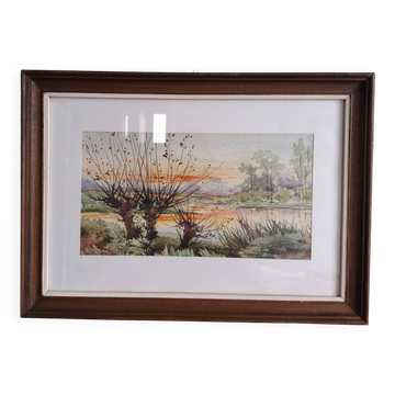 Watercolor signed Thinel, landscape, Marais Poitevin
