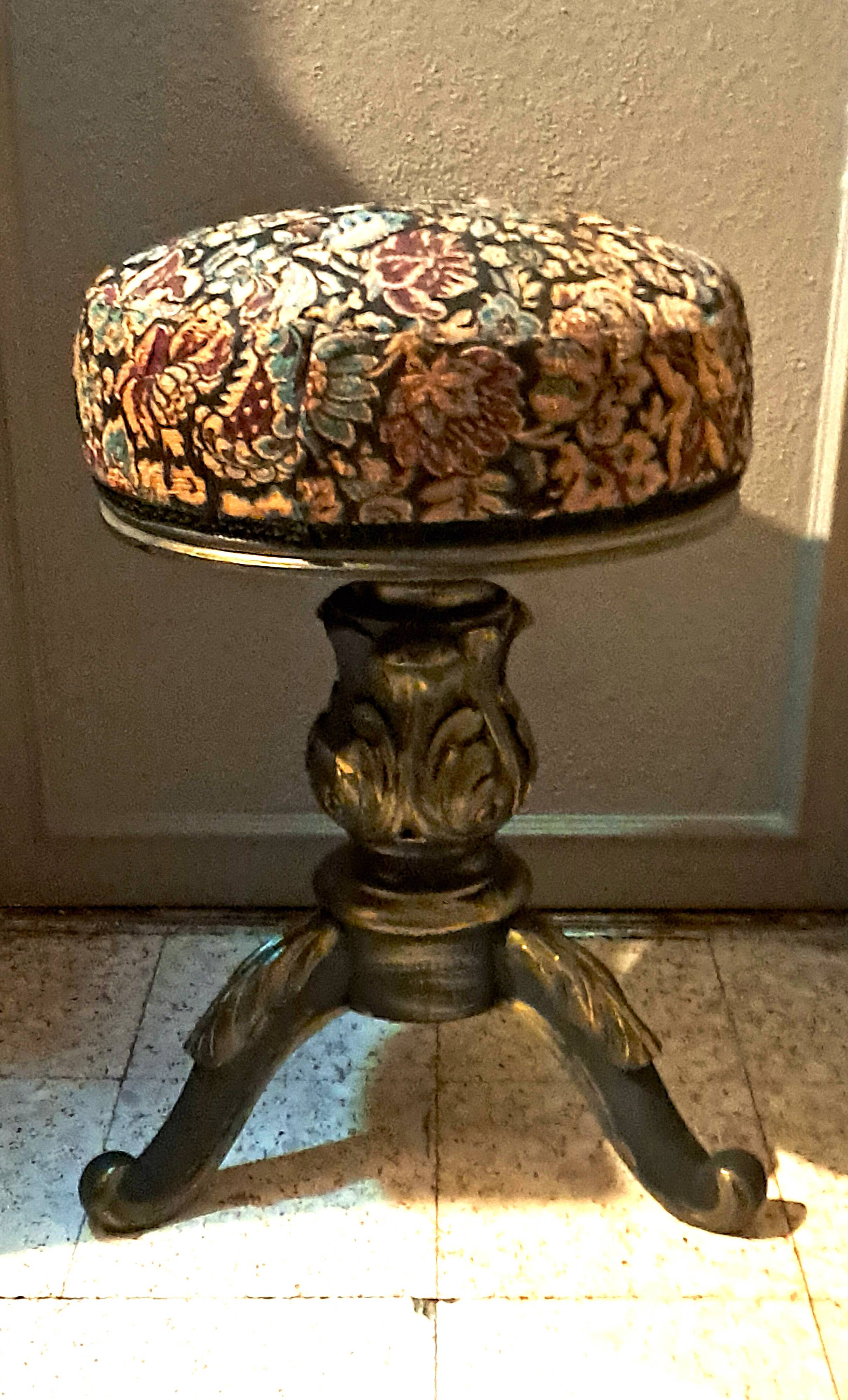 Victorian Piano Stool, Patinated Wood, Upholstered Fabric, 19th Century, France