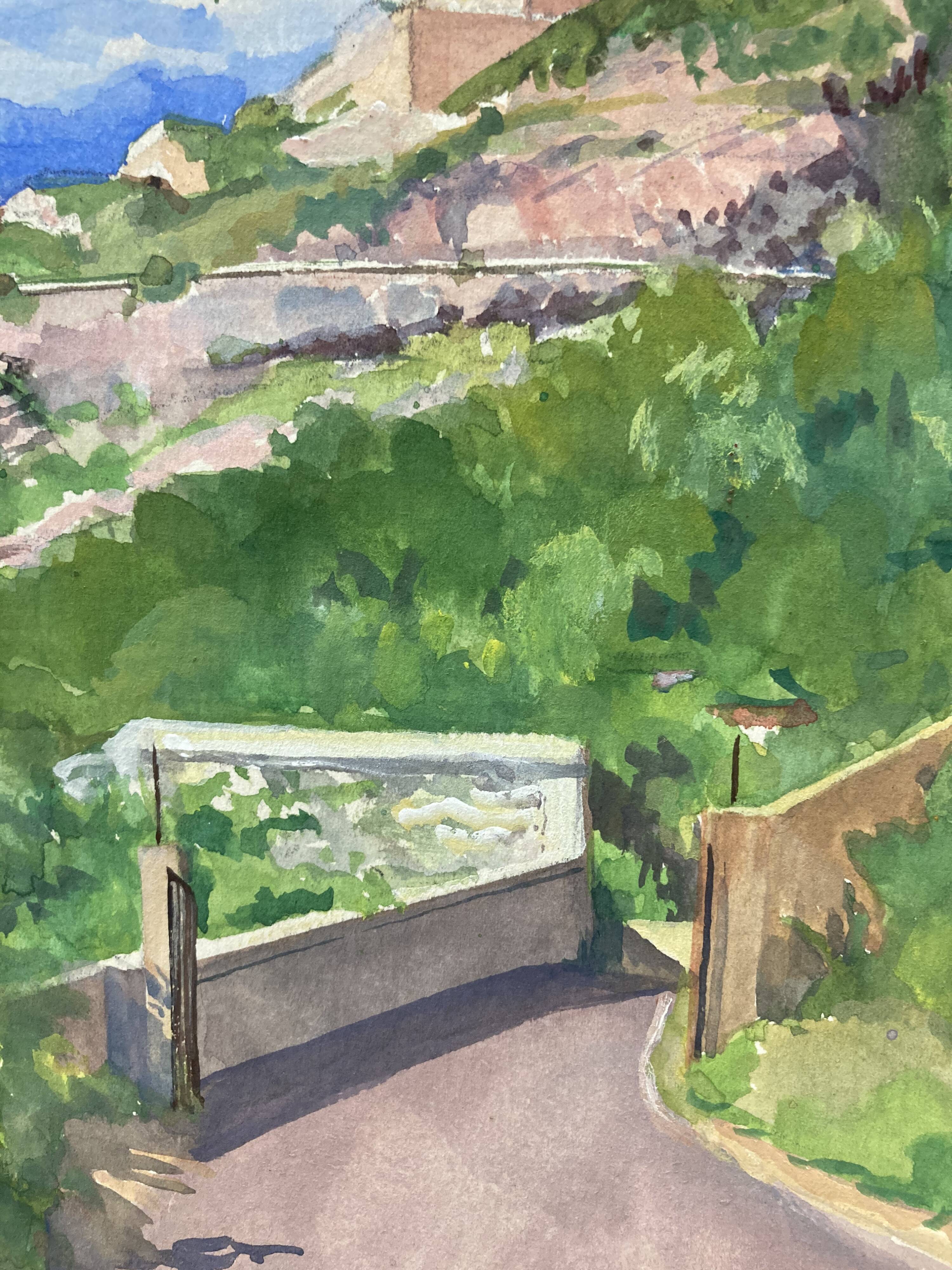 Watercolor Provencal landscape with fortified ramparts