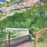 Watercolor Provencal landscape with fortified ramparts