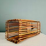 Cube lamp in vintage wood and wicker
