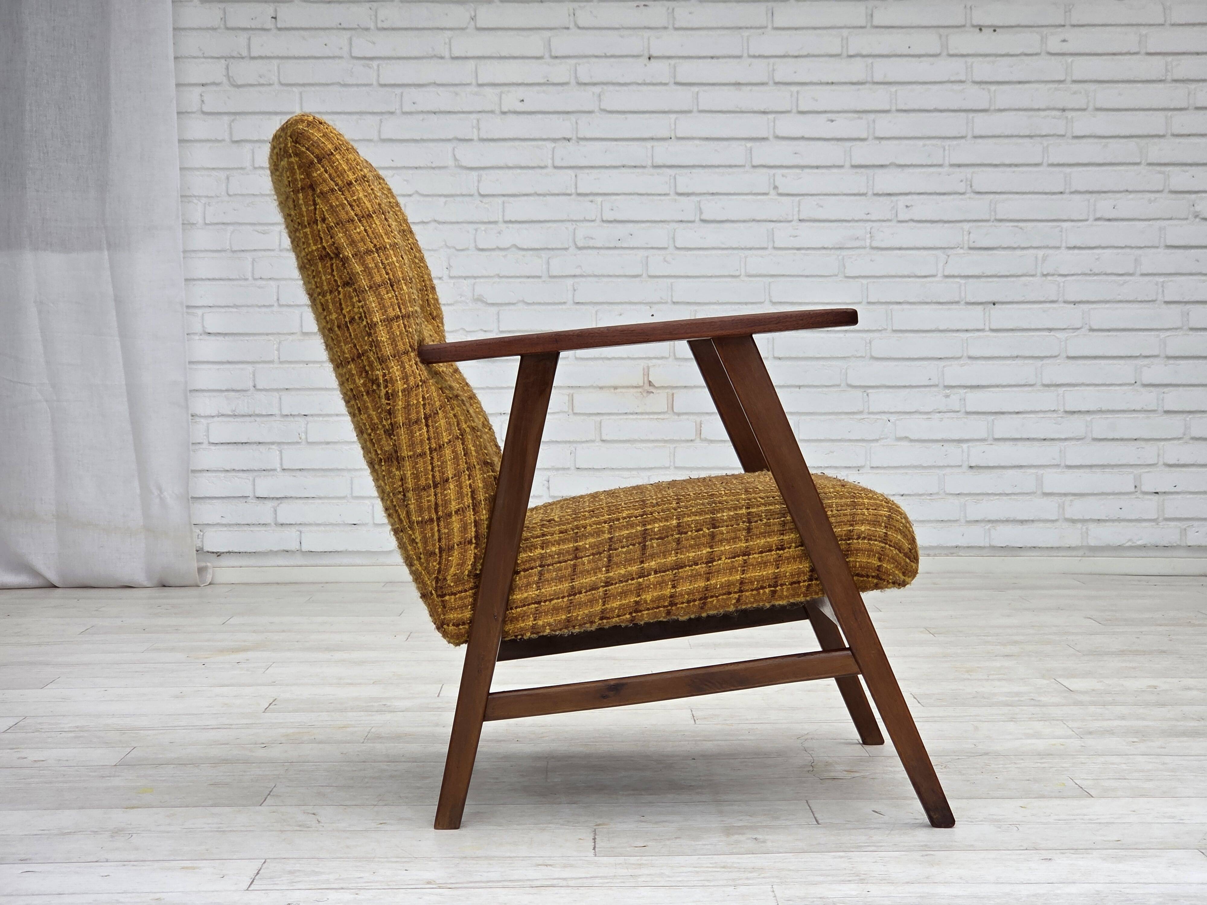 1960s, Danish armchair, furniture wool fabric, teak wood, oak wood.