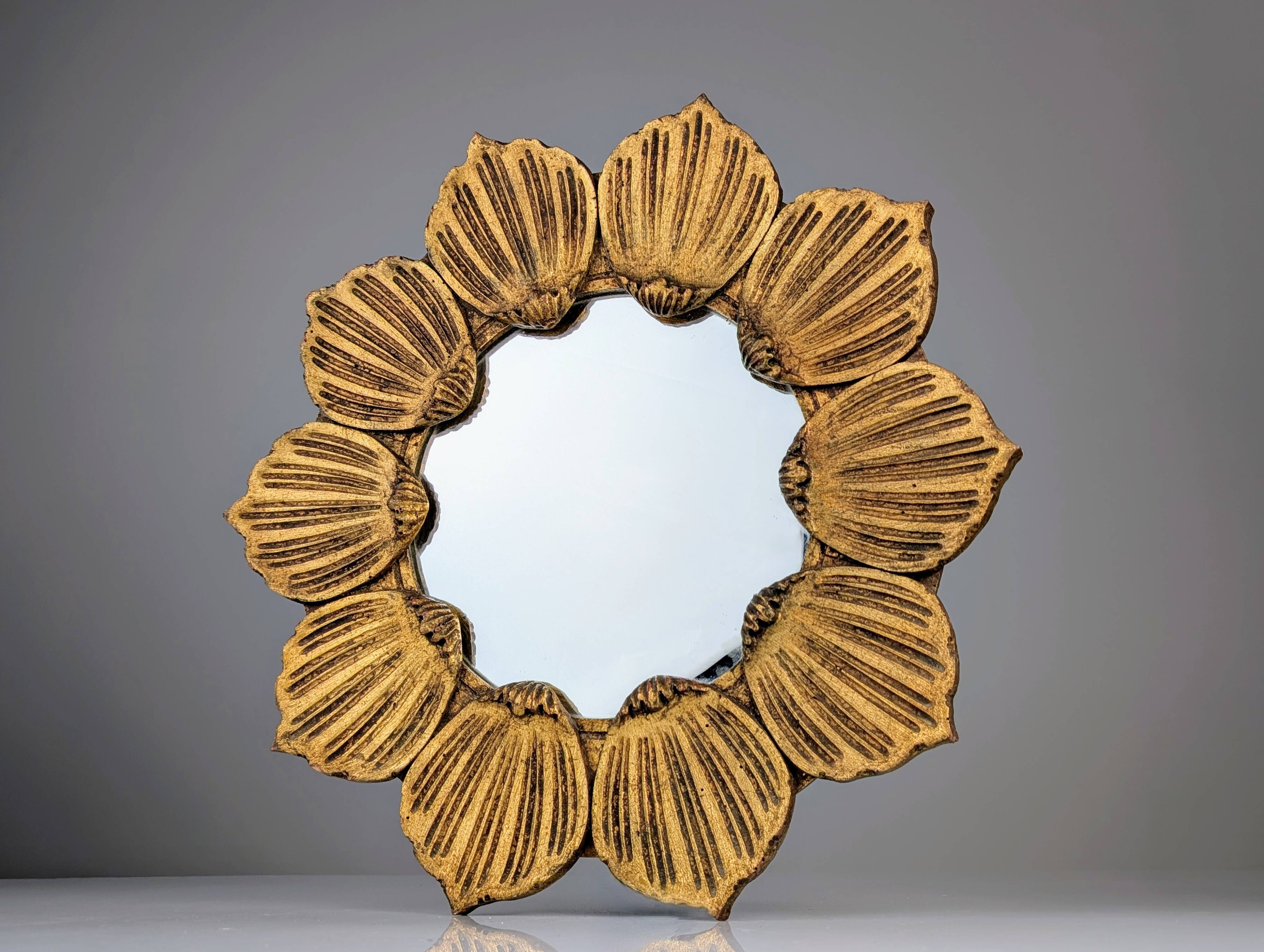 Hollywood Regency Giltwood Carved Flower Sunburst Mirror 1950s