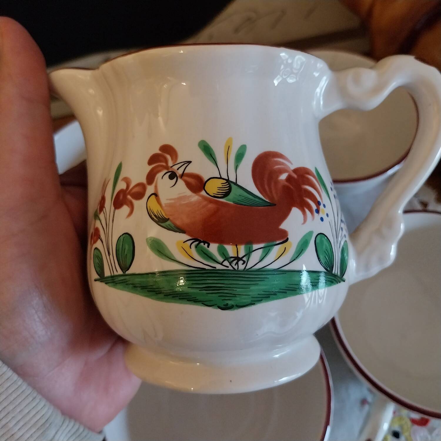 St Clement France earthenware cups, Le Cop decor