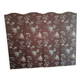 large antique headboard with 4 panels featuring Asian decor from the 1940s/50s