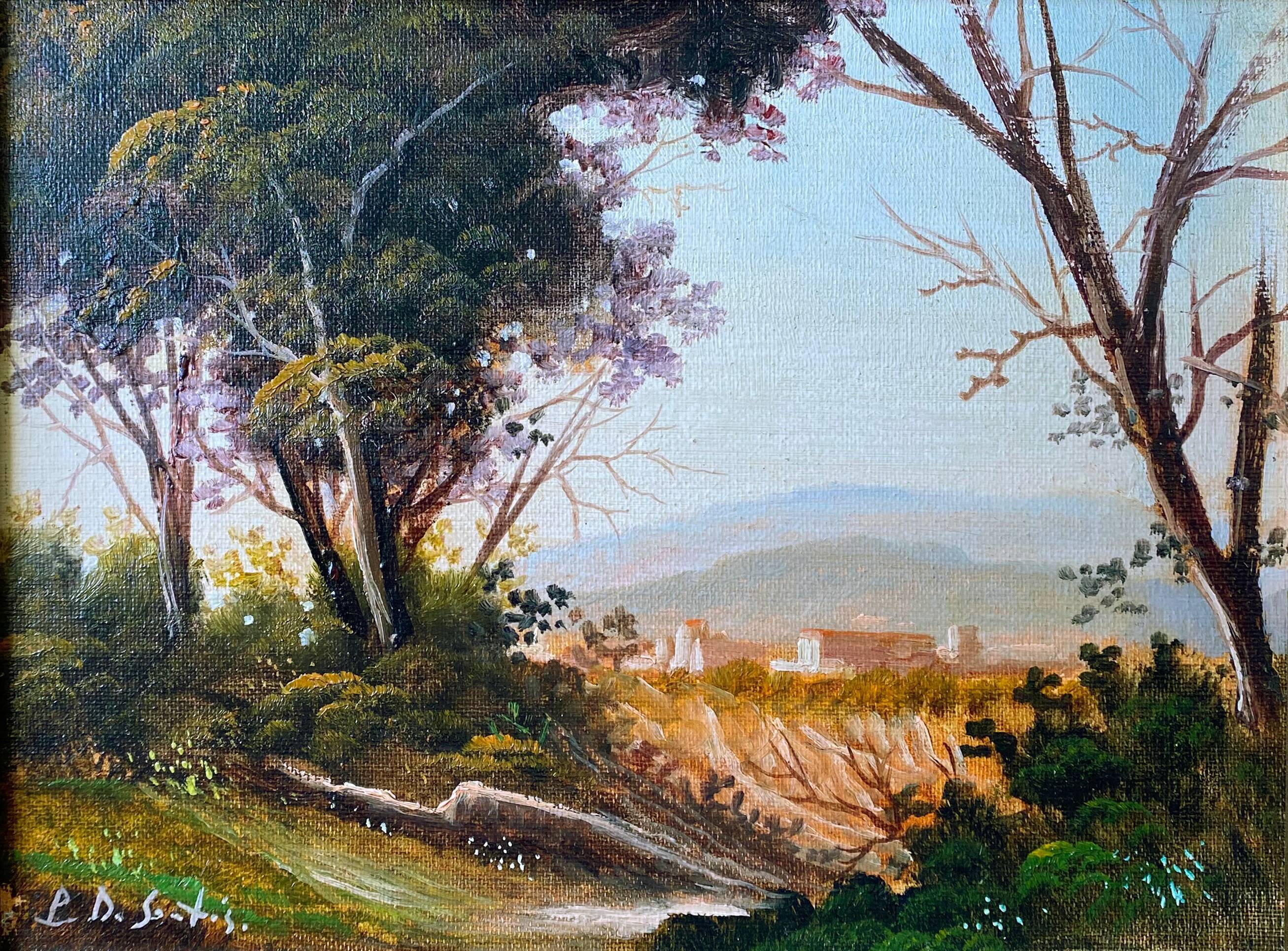 Italian school painting "Hilly landscape" signed + frame