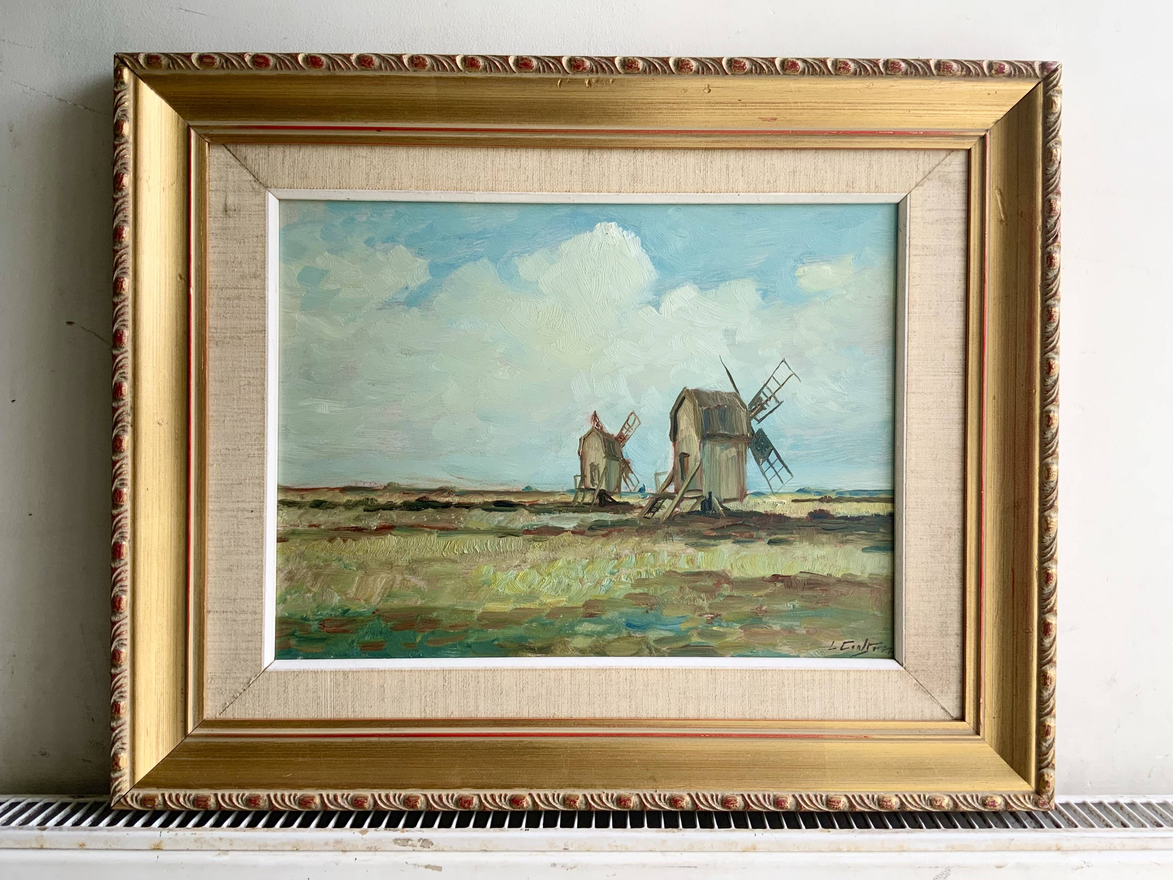 Peinture à l'huile vintage de moulin à vent, signée L.Carlson 1960