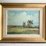 Peinture à l'huile vintage de moulin à vent, signée L.Carlson 1960