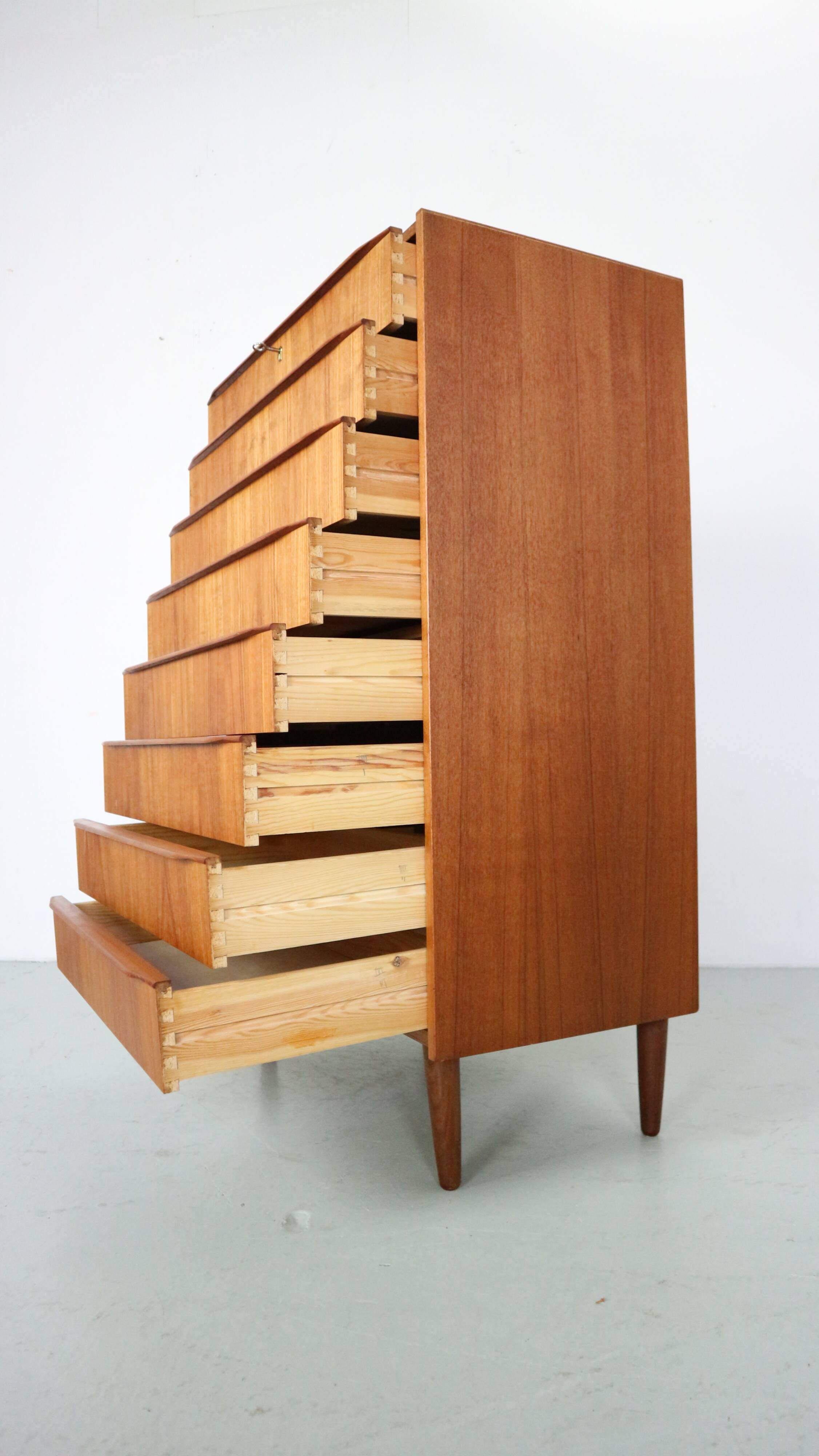 Mid-Century Modern Danish Chest of Eight Drawers, Tallboy in Teak, Denmark, 1960
