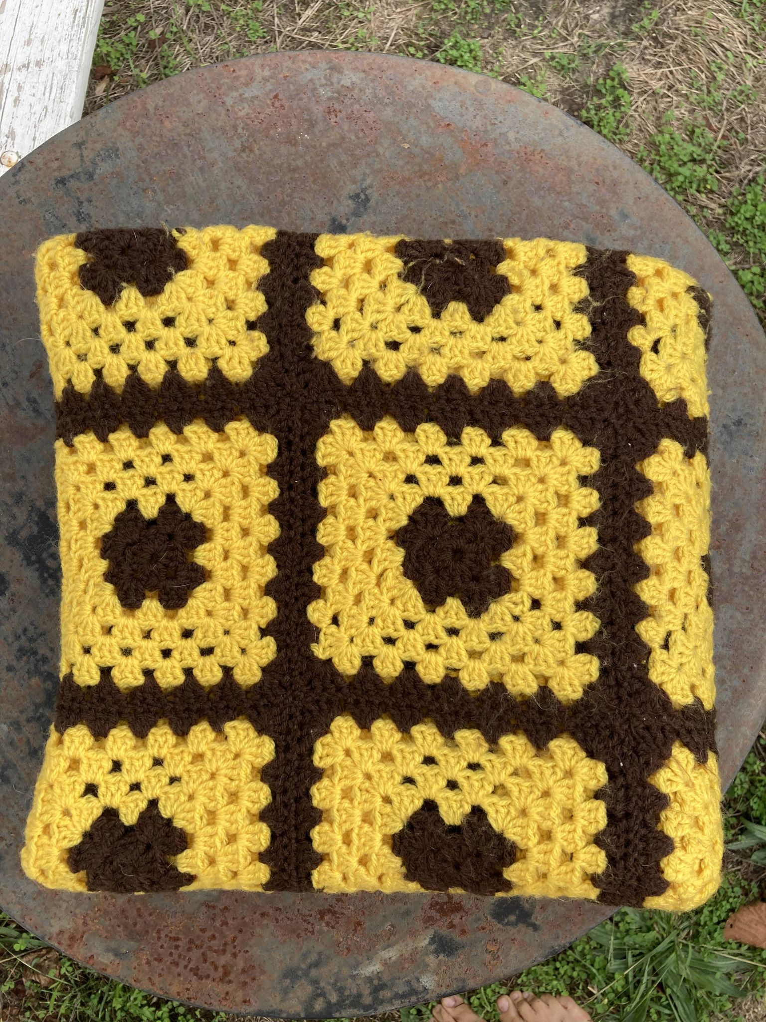 Brown and yellow crochet wool plaid - vintage cover