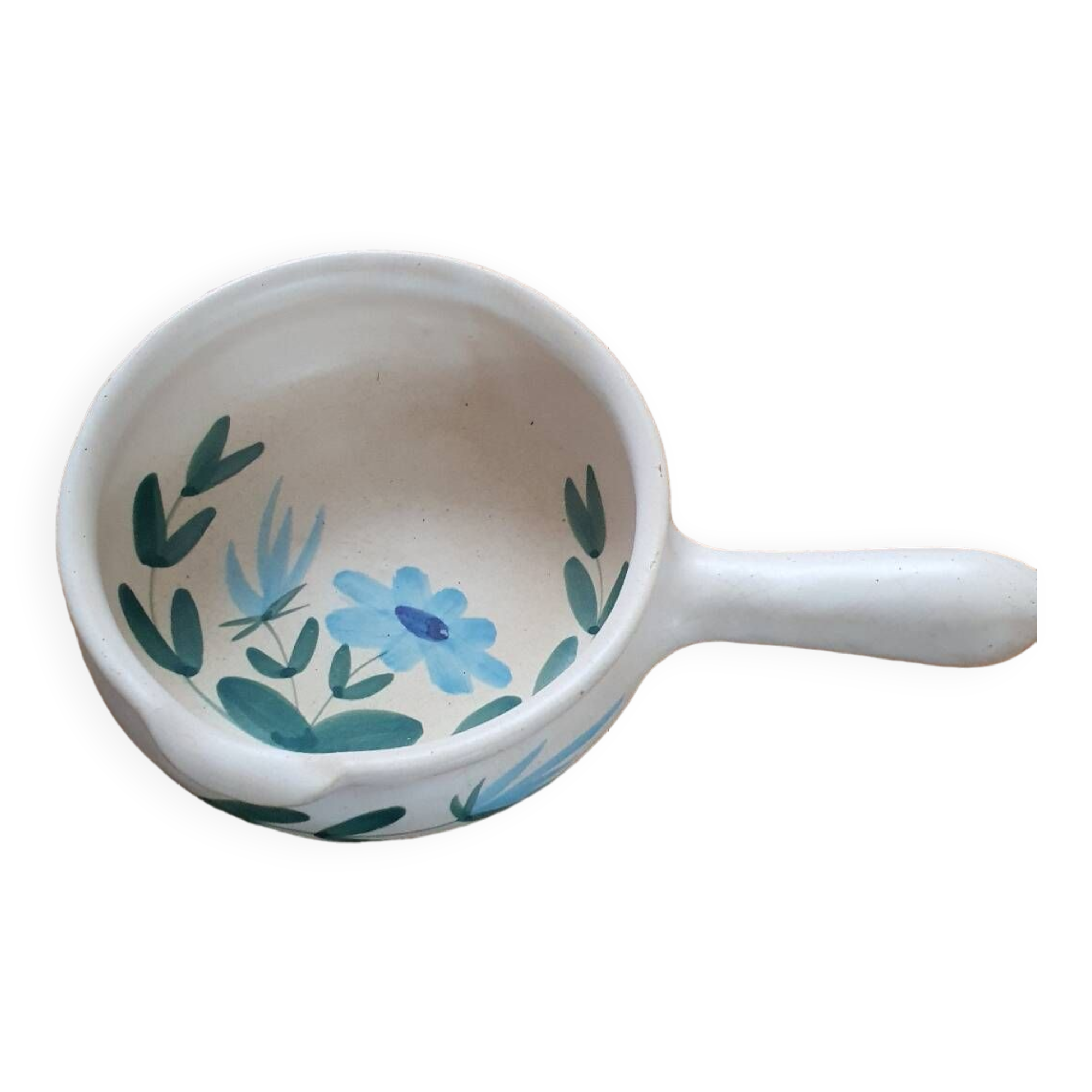 Vintage fondue pot, Marais pottery, hand-painted blue floral decoration