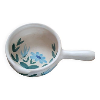 Vintage fondue pot, Marais pottery, hand-painted blue floral decoration