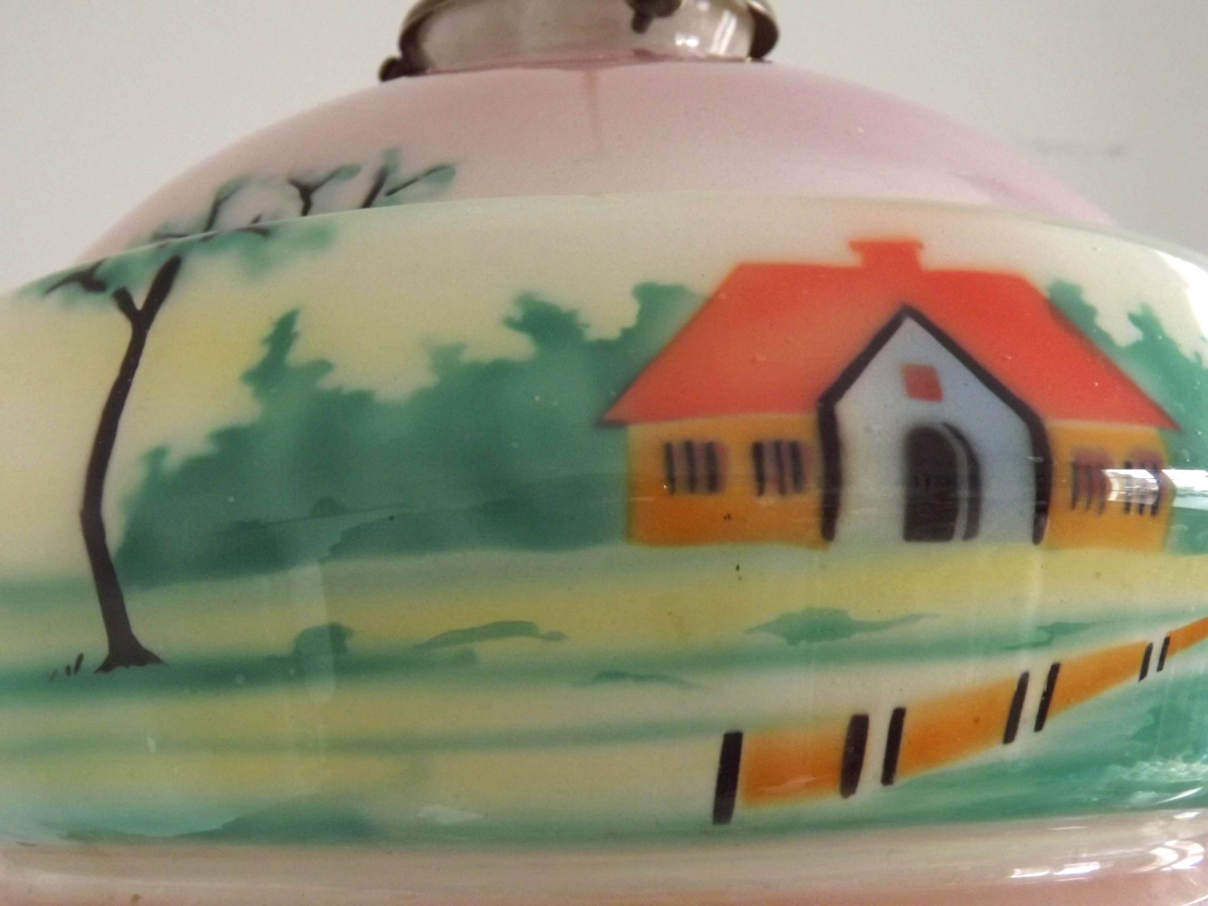 French Art Deco Pink & Cream Pendant Light with House and Tree Design