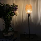 Table lamp with a vintage iridescent amber glass shade