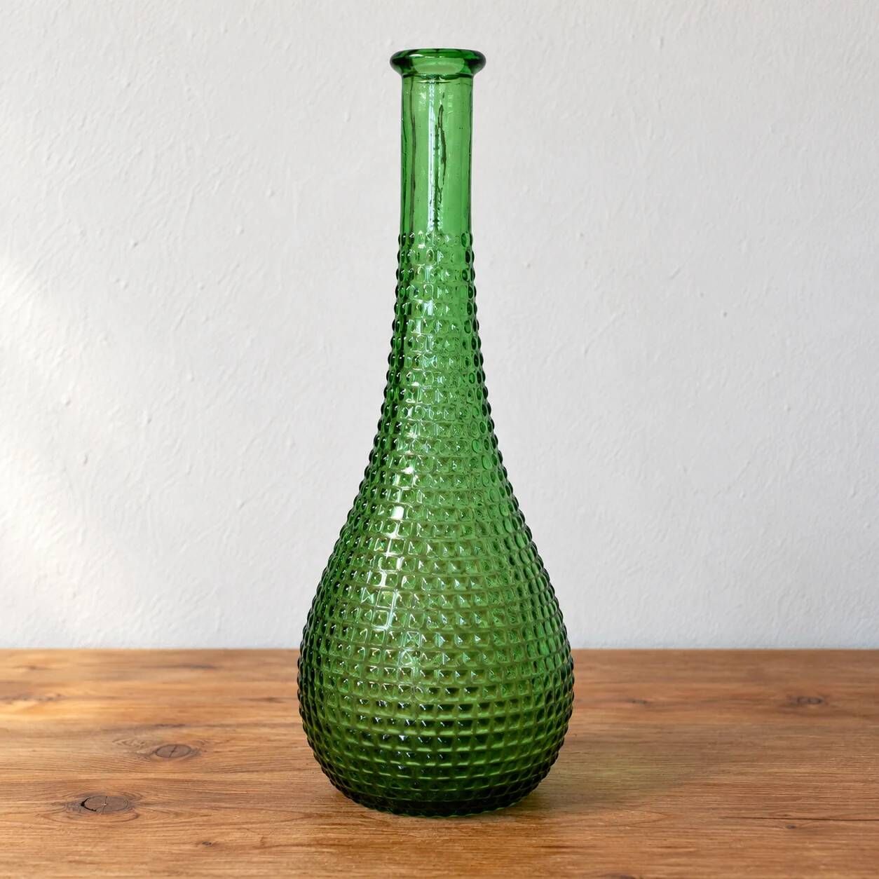 Vintage green glass bottle vase with geometric relief – H 33 cm