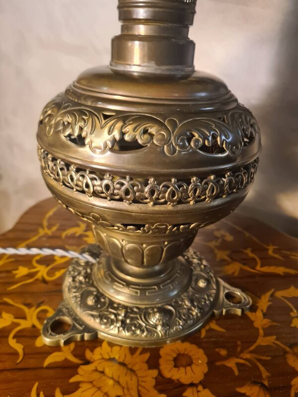lampe laiton et bronze pied ancien 1900 avec abat jour pate de verre soudur