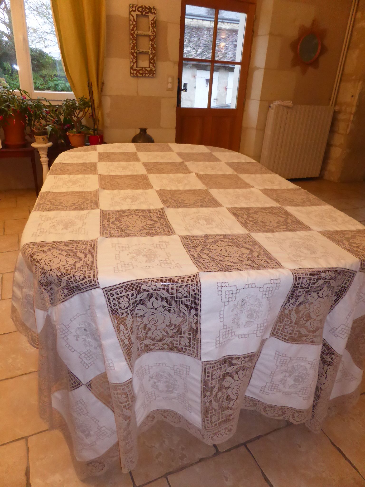 Old tablecloth in ecru cotton embroidered with flowers and embroidered mesh lace-176x282