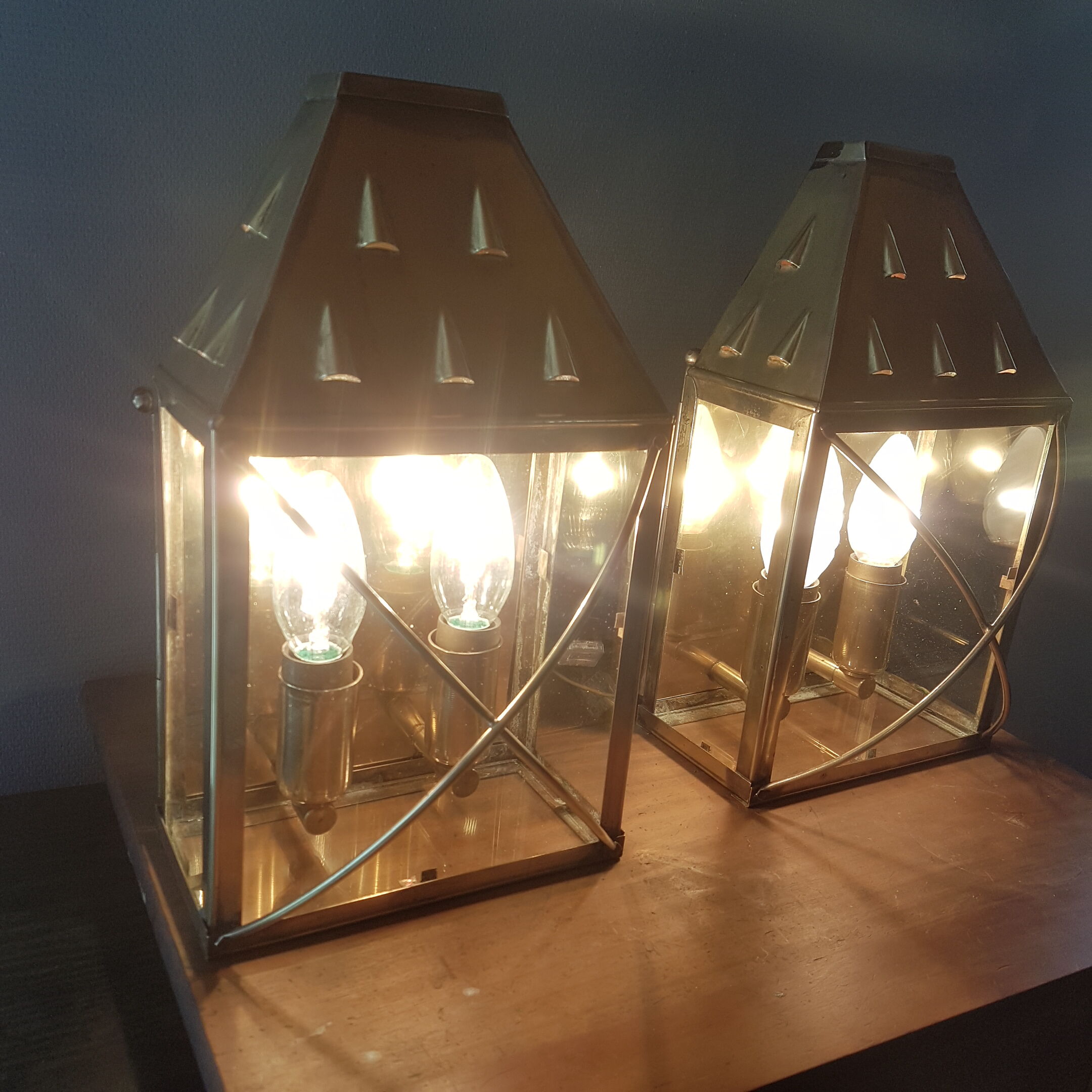 Brass exterior wall sconces, 50s-60s