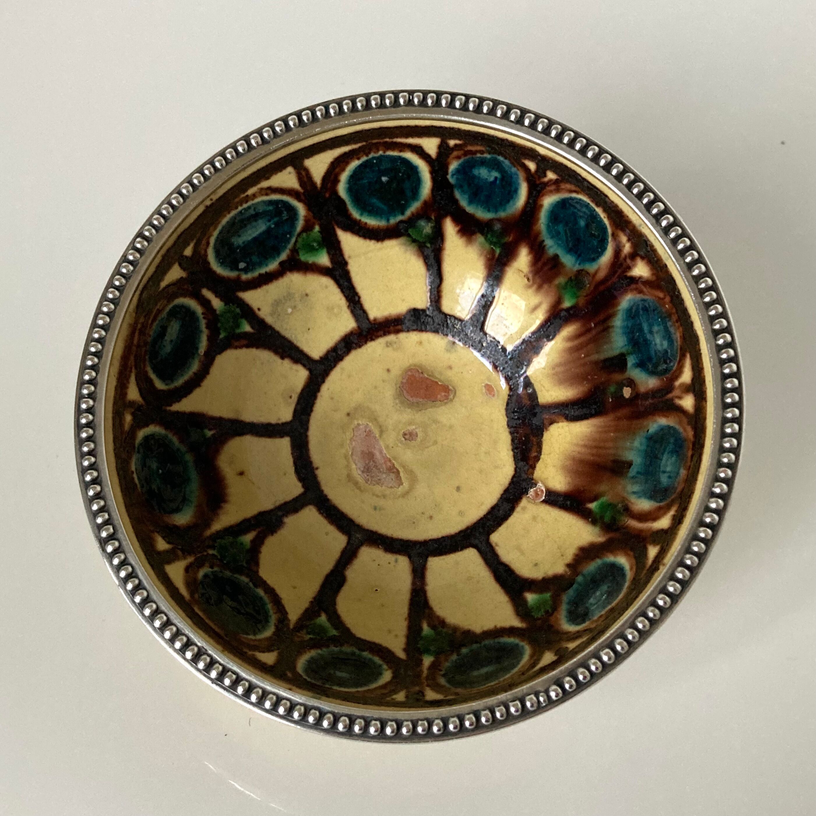 Bowl by René Nicole (1885-1960) in glazed terracotta and silver frame Art Deco period