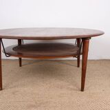 Danish round coffee table in teak, brass and cane, model FD 515 by Peter Hvidt 1960.