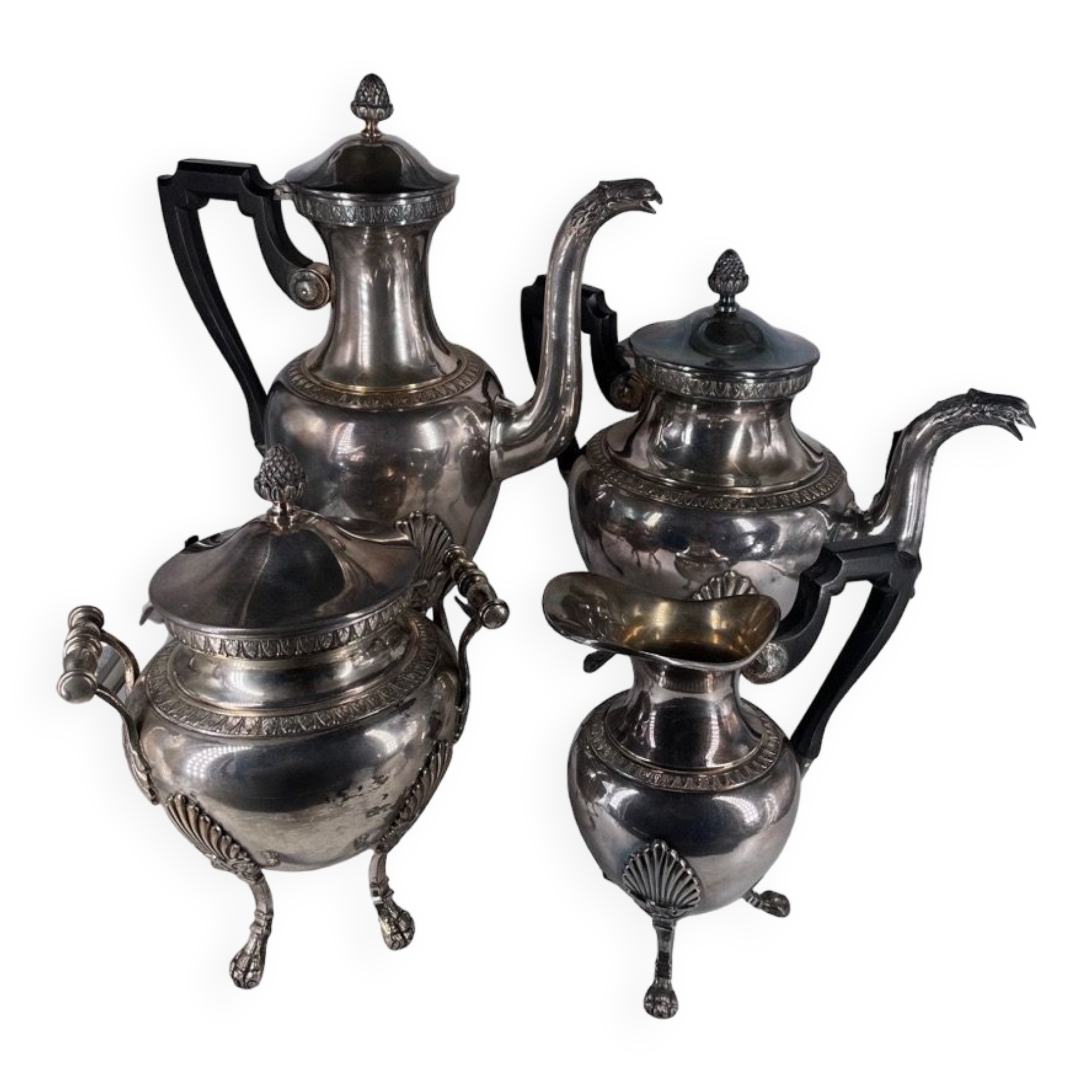 Empire style coffee and tea service in silver metal. Marked RM for Roux-Marquiand 20th century