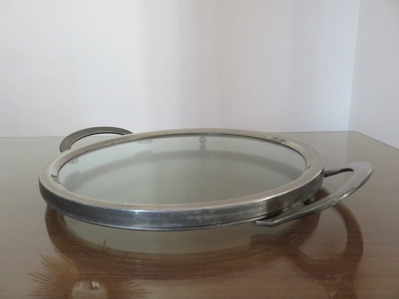 Modernist art deco tray in silver metal and smoked glass 1940s