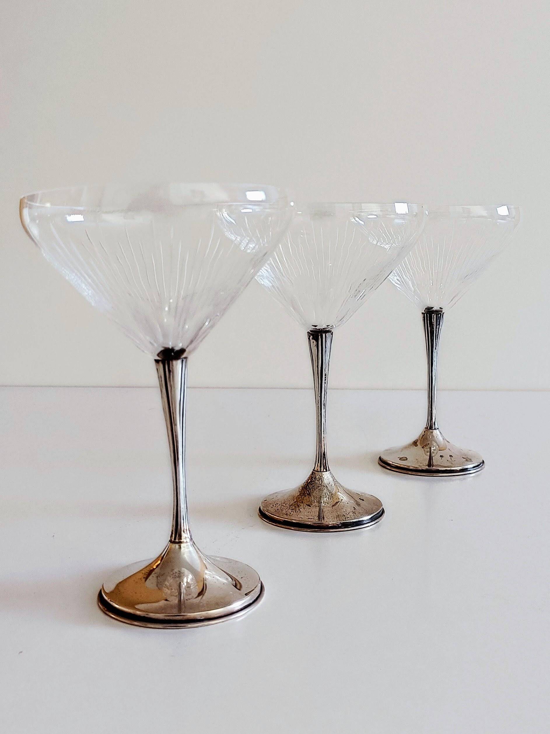 Art Deco Champagne Glasses Set of 3, Sterling Silver & Cut Glass