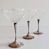 Art Deco Champagne Glasses Set of 3, Sterling Silver & Cut Glass