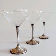 Art Deco Champagne Glasses Set of 3, Sterling Silver & Cut Glass
