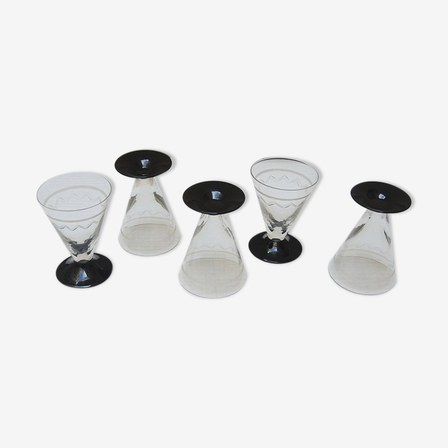 5 anciens verres conique art déco transparent pied noir | Selency