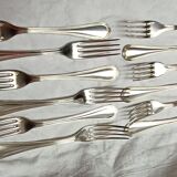 Set of 12 silver metal table forks from christofle model "spatours"