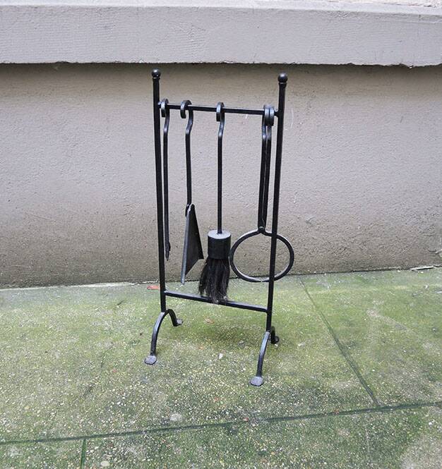 Old Black Wrought Iron Fireplace Servant - 4 Tools