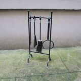 Old Black Wrought Iron Fireplace Servant - 4 Tools