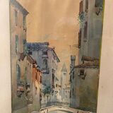 Watercolor signed f. jeannin gros - rialto in venice framed and under glass early twentieth century
