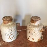 Two old stoneware pots with pickles and olives signed Jacque pouchain